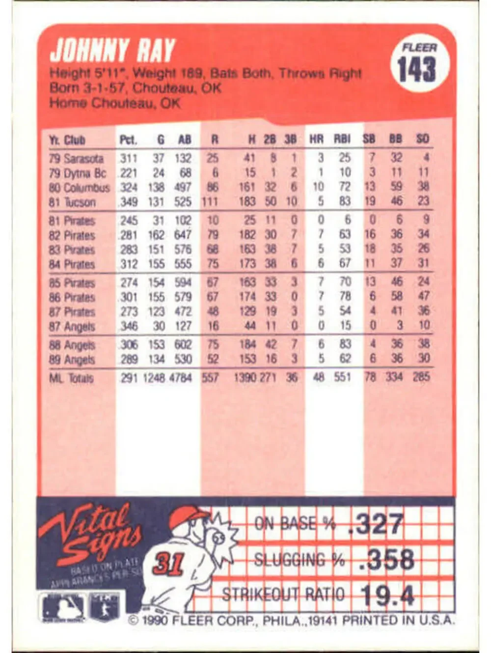 1990 Johnny Ray Fleer Baseball Card #143